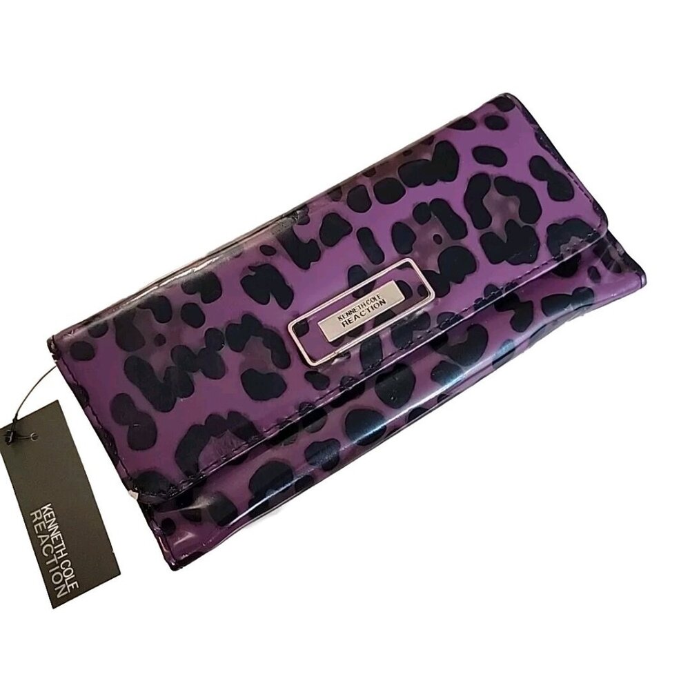 Kenneth Cole Reaction Clutch Wallet Purple Black Leopard Skin Women Ladies